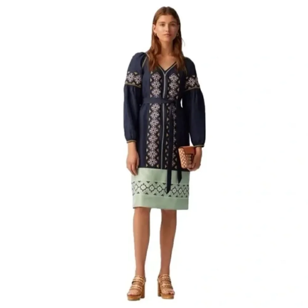 $450 NWT Tory Burch Katya Navy Green Embroidered Tunic Style Midi Dress Size 0